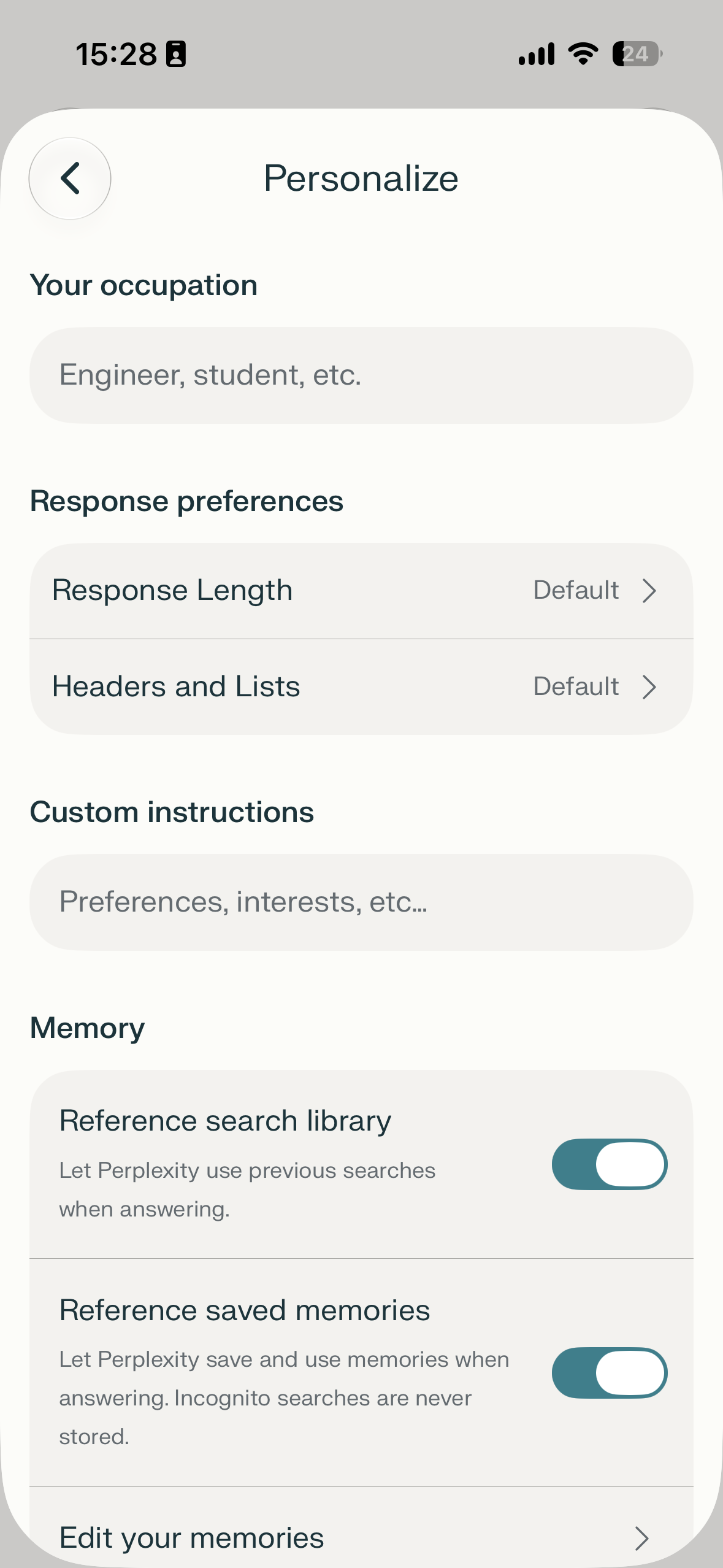 Mobile app personalization settings screen with fields for occupation and custom instructions, response preferences rows, and memory toggles.