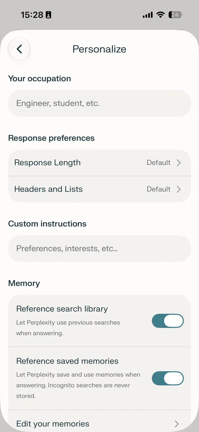Mobile app personalization settings screen with fields for occupation and custom instructions, response preferences rows, and memory toggles.