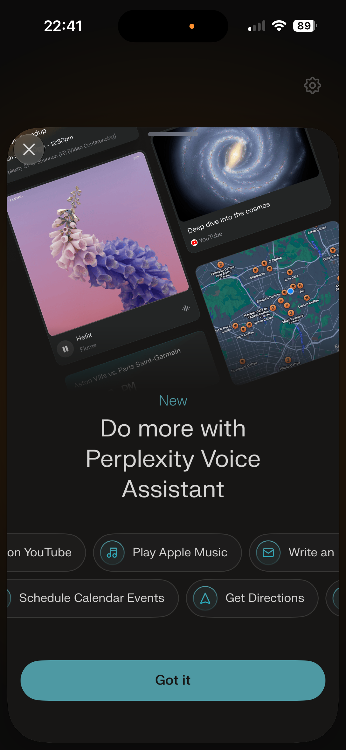 Dark mobile modal announcing new Perplexity Voice Assistant features with example cards and action chips, plus a Got it button.