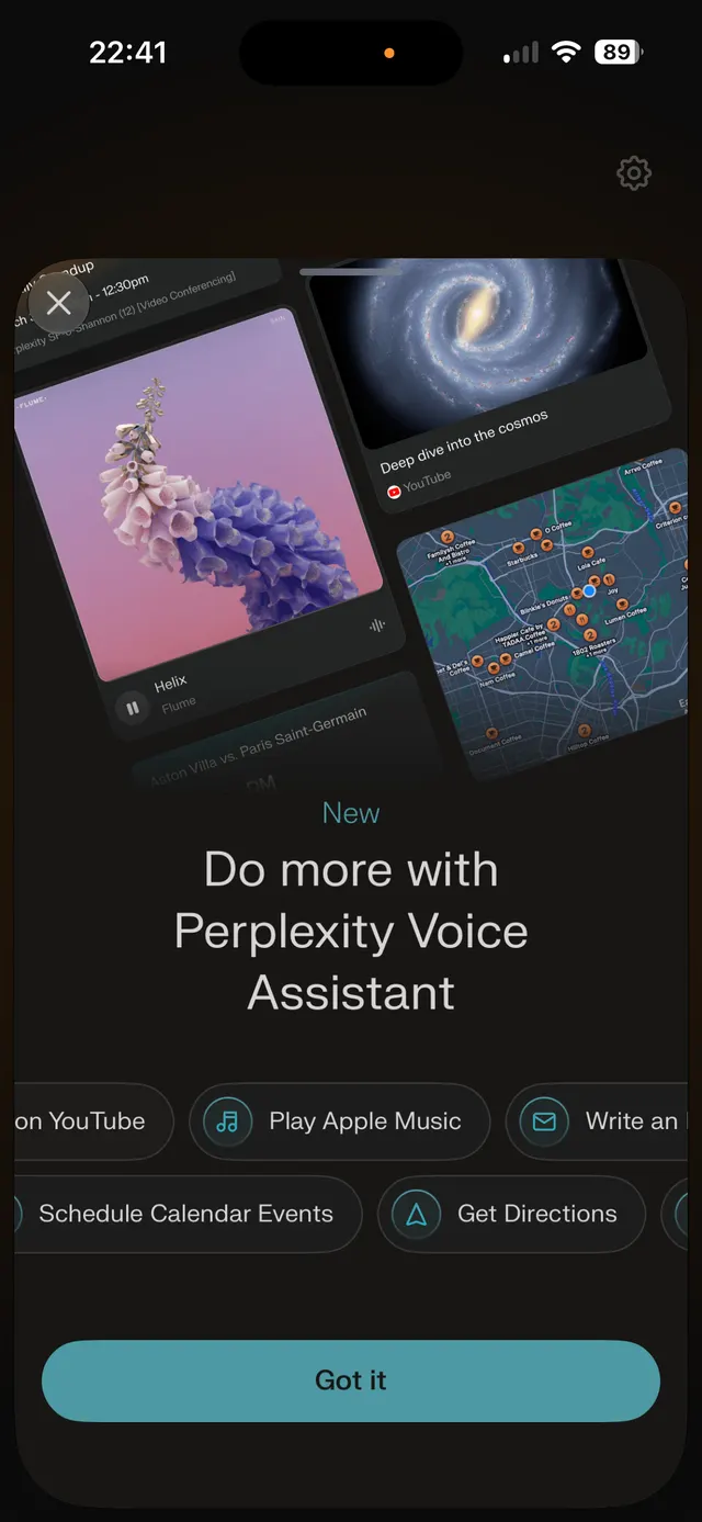 Dark mobile modal announcing new Perplexity Voice Assistant features with example cards and action chips, plus a Got it button.