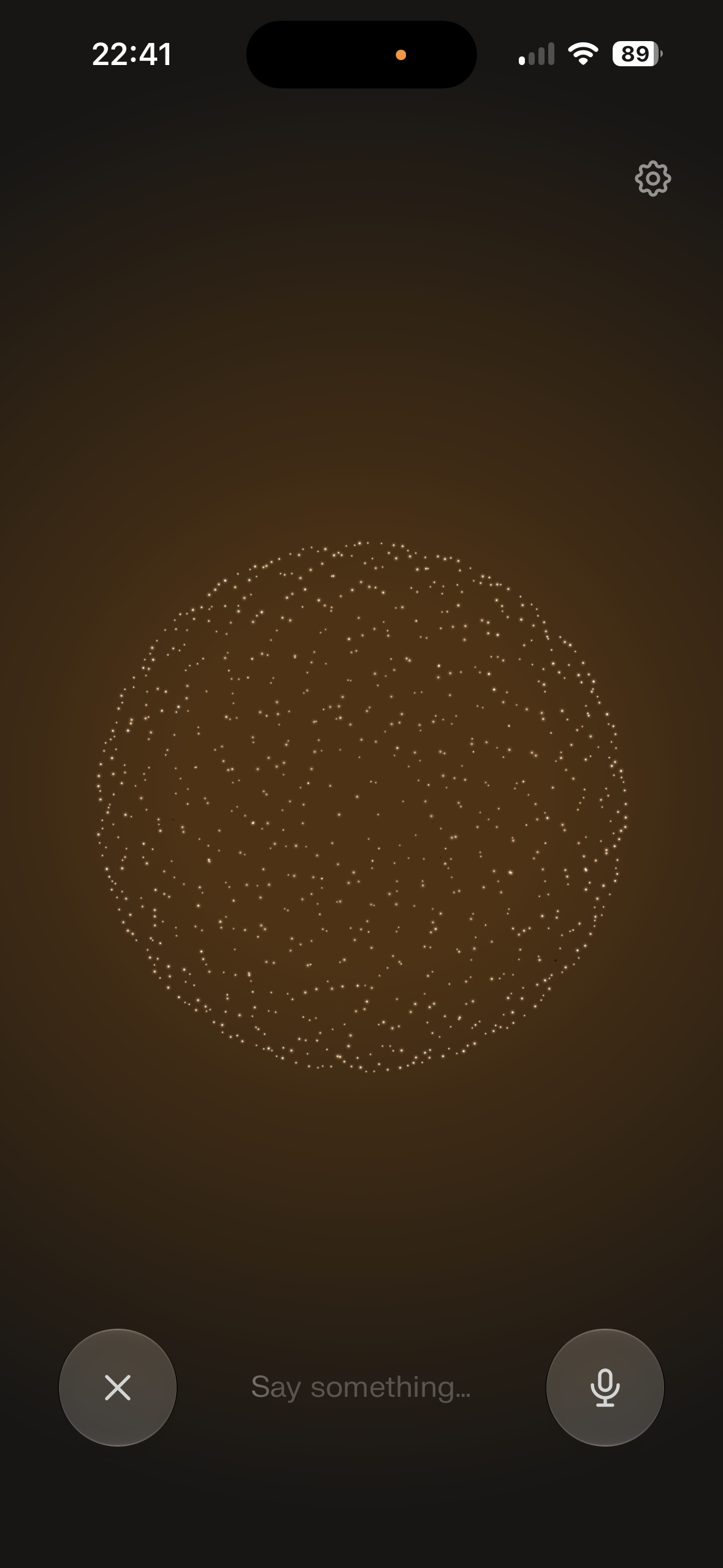 Dark voice assistant screen with a large animated dotted sphere in the center, a text prompt saying 'Say something...', a microphone button, a close button, and a settings icon.