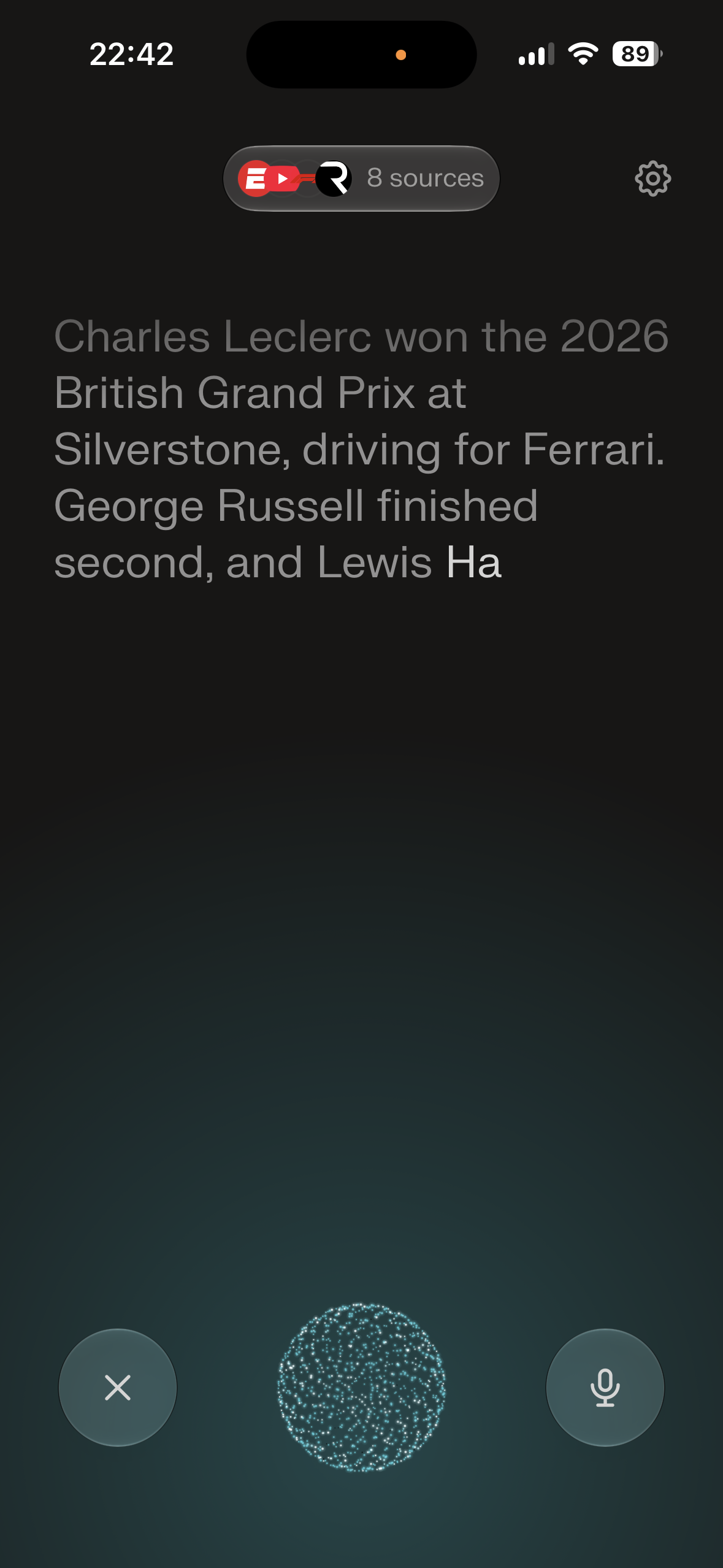 Dark mobile screen showing a voice assistant response with a large text answer, a sources pill near the top, settings gear, and bottom controls for cancel and microphone with a glowing orb in the center.