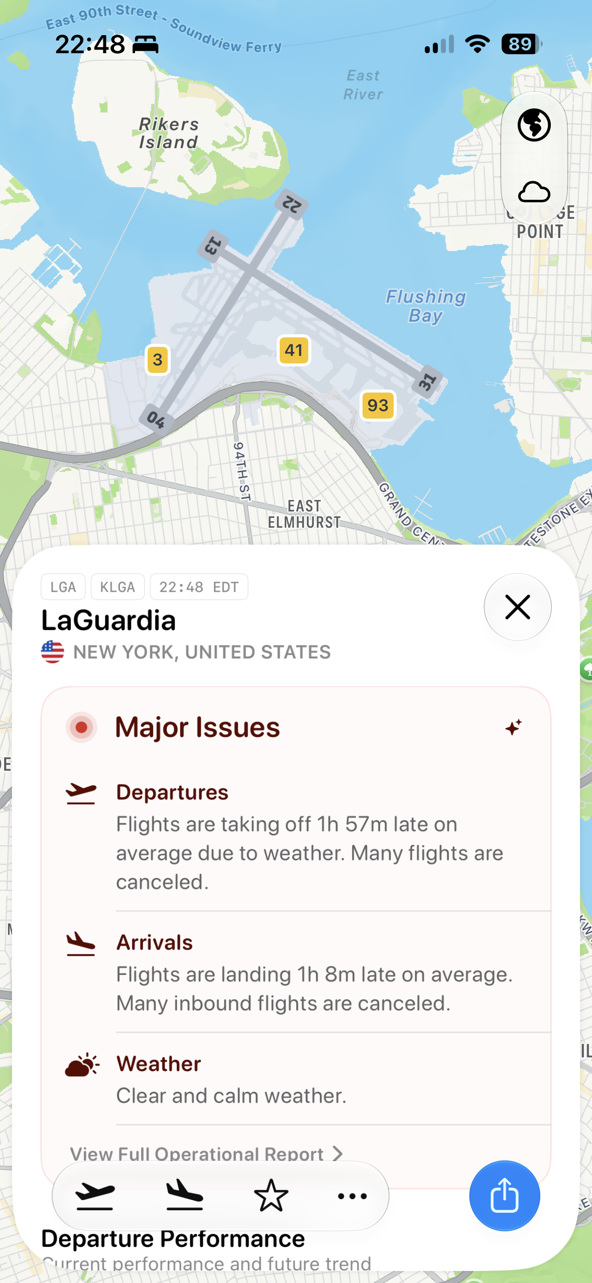 Map view centered on LaGuardia Airport with a bottom sheet showing major issues for departures, arrivals, and weather, plus a close button and share action.