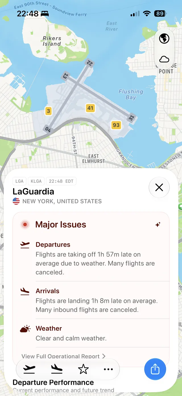 Map view centered on LaGuardia Airport with a bottom sheet showing major issues for departures, arrivals, and weather, plus a close button and share action.
