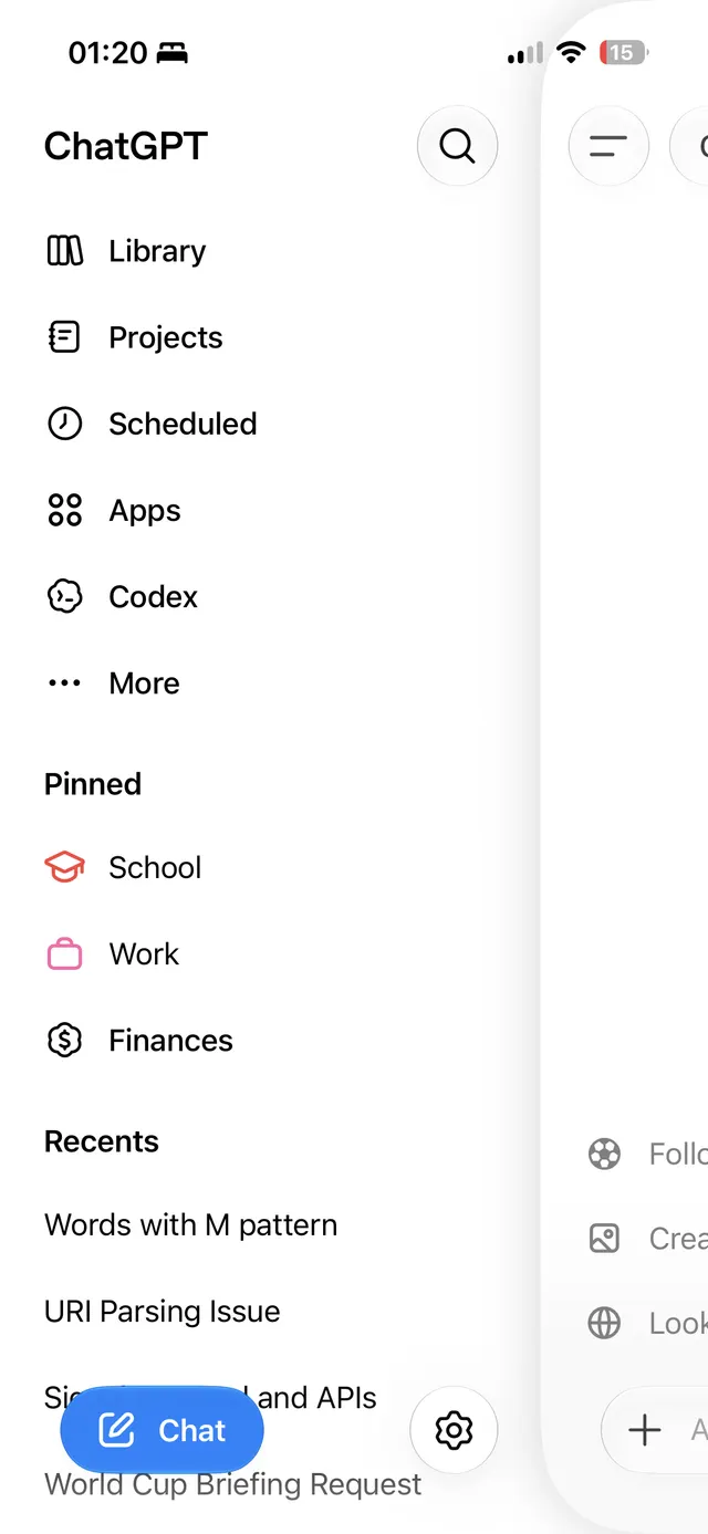 Sidebar menu of ChatGPT app with options including Library, Projects, Scheduled, Apps, Codex, and More, plus Pinned sections School, Work, Finances, and a Recents list.