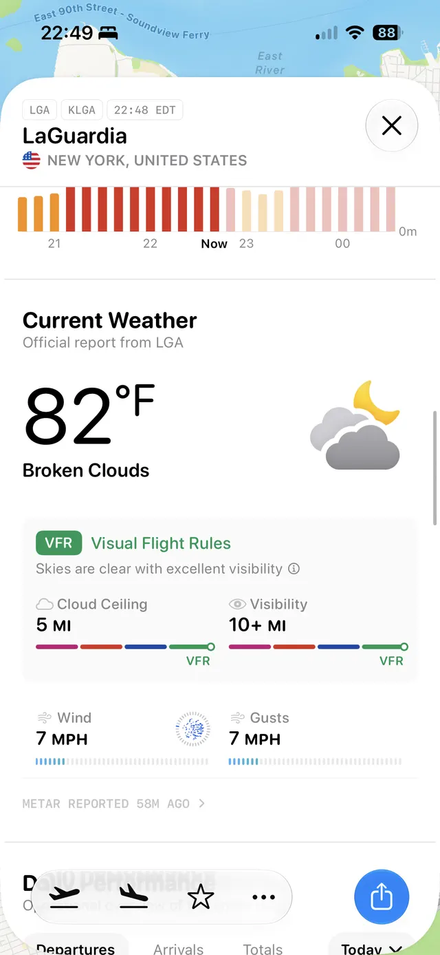 An iOS map screen with a bottom sheet showing detailed weather conditions for LaGuardia airport, including current temperature, flight rules, visibility, cloud ceiling, wind, and gusts.