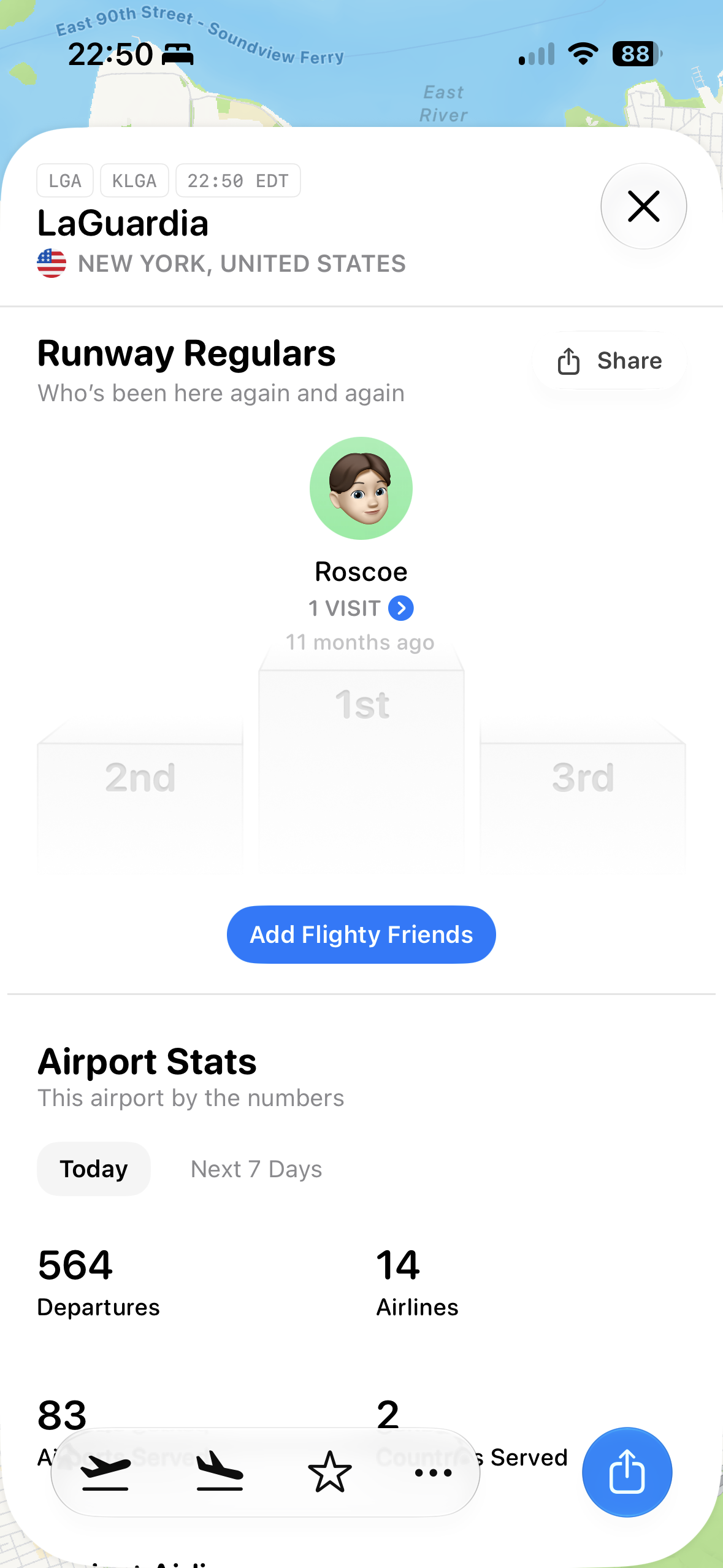 An iOS airport detail screen shown as a large bottom sheet over a map, with LaGuardia airport selected, a close button, a Runway Regulars social section, an Add Flighty Friends button, and Airport Stats tabs for Today and Next 7 Days.