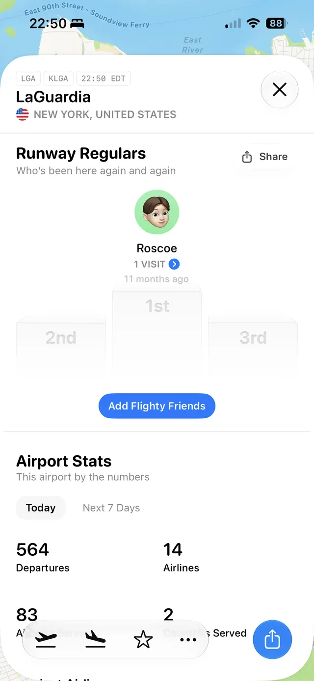 An iOS airport detail screen shown as a large bottom sheet over a map, with LaGuardia airport selected, a close button, a Runway Regulars social section, an Add Flighty Friends button, and Airport Stats tabs for Today and Next 7 Days.