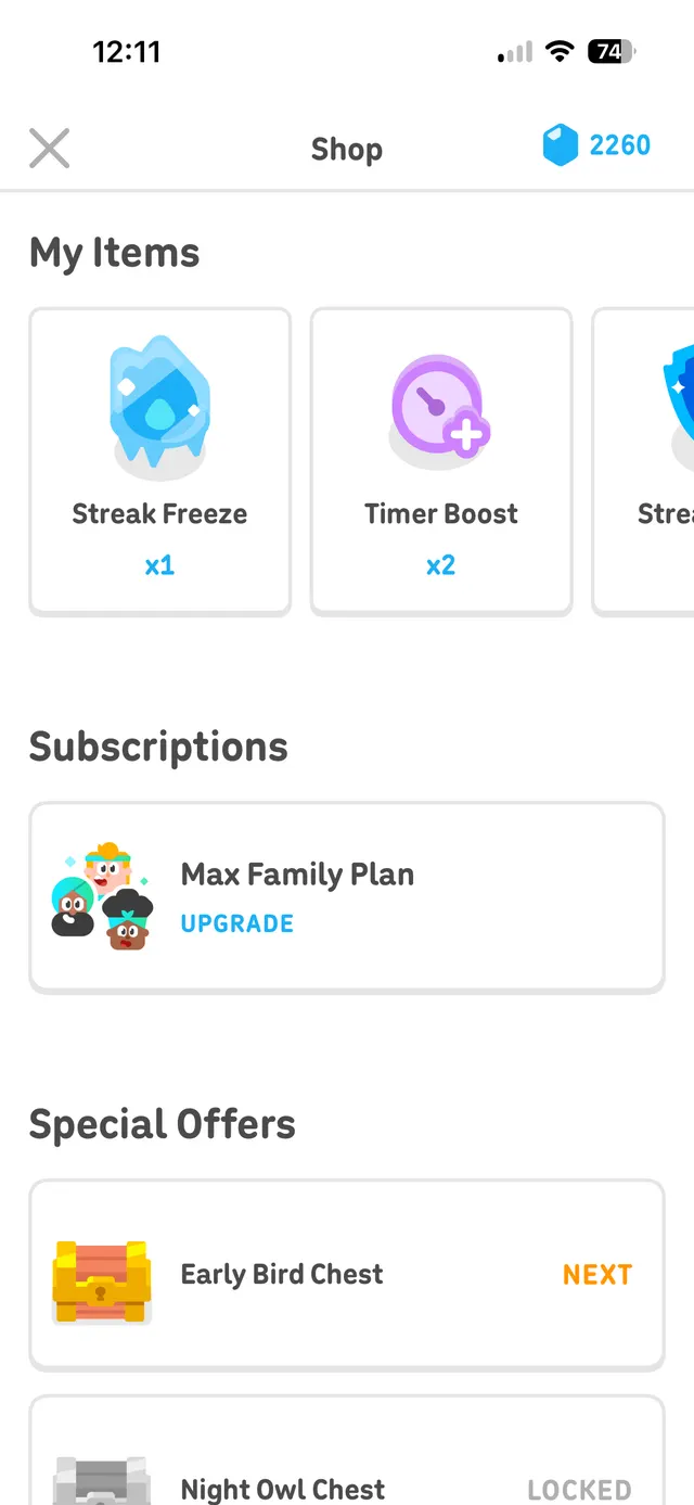 Mobile shop screen with a top bar showing close button, title Shop, and currency balance. Sections include My Items with item cards like Streak Freeze and Timer Boost, Subscriptions with a Max Family Plan upgrade card, and Special Offers with chest offers such as Early Bird Chest and Night Owl Chest.
