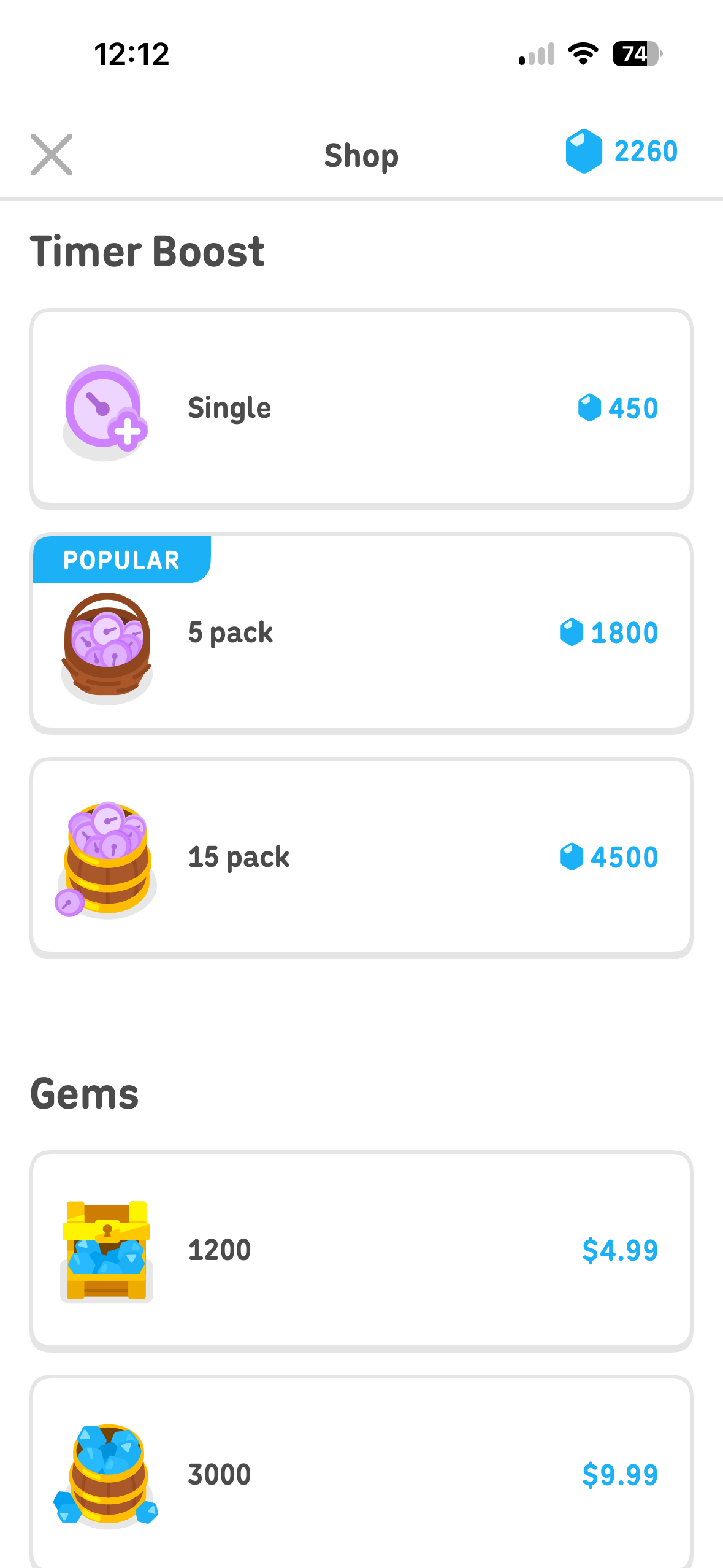 Mobile game shop screen showing purchasable timer boosts and gems with currency balances and prices.