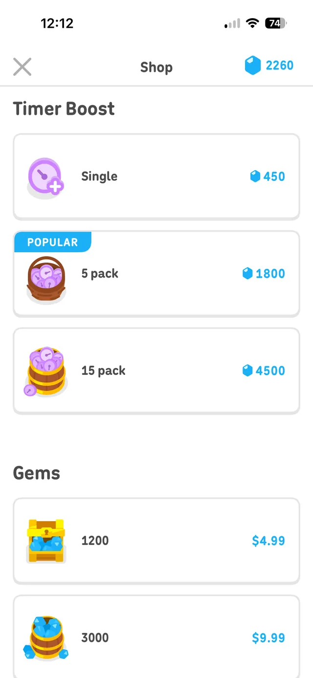 Mobile game shop screen showing purchasable timer boosts and gems with currency balances and prices.